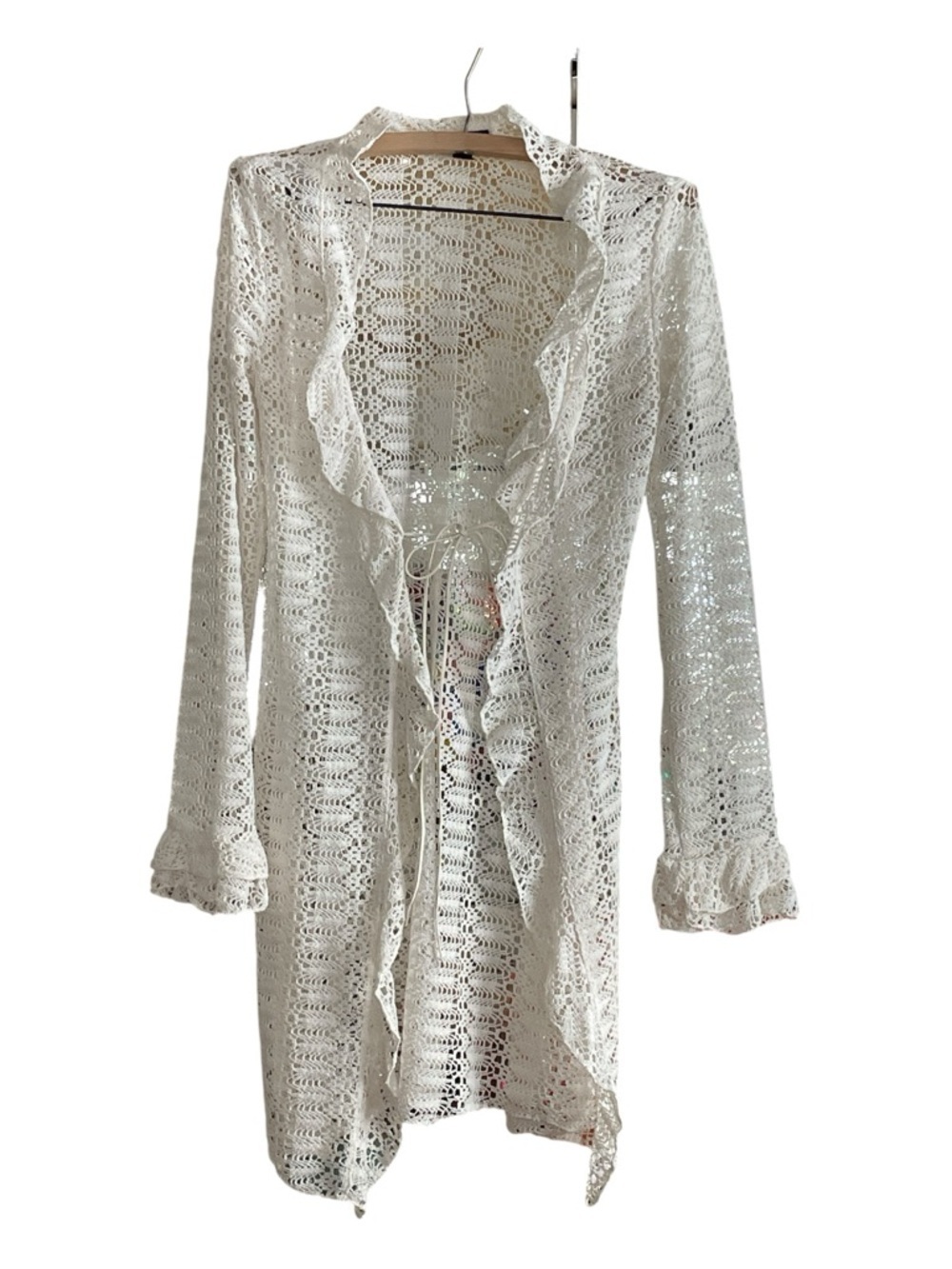 A. Byer Y2K Boho Festival Crochet Open-Front Cardigan with Ruffle Trim Size M